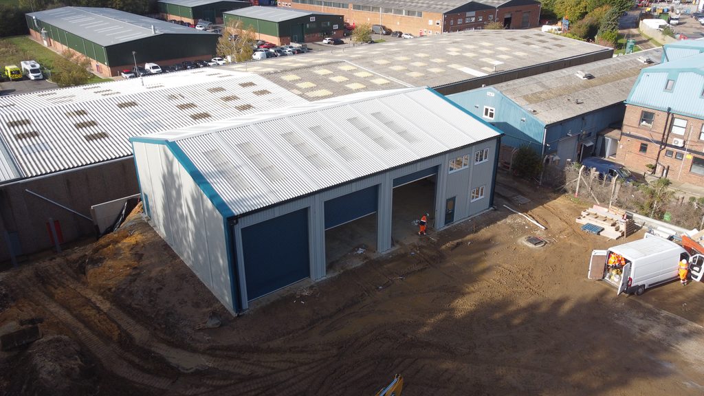 Industrial steel prefabricated building for office and vehicle maintenance building in Sevenoaks, Kent for N D Brown.