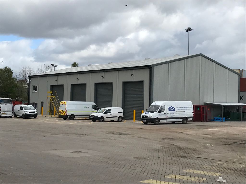 Large steel vehicle maintenance building in Birmingham for Suez Recyling.