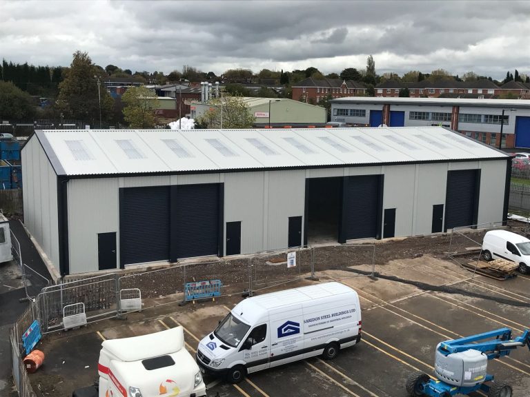 Large commercial building split into rental units for Walfern in Aldridge manufactured and installed by Saredon Steel Buildings.