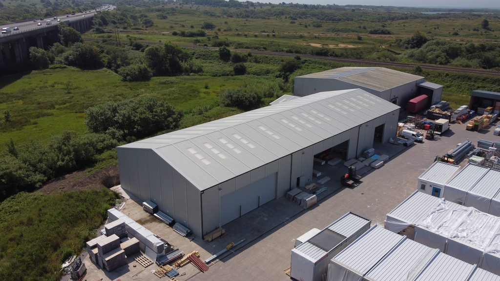 Aerial view of a prefabricated industrial steel building manufactured by Saredon Steel Buildings for Wernick at Kenfig.